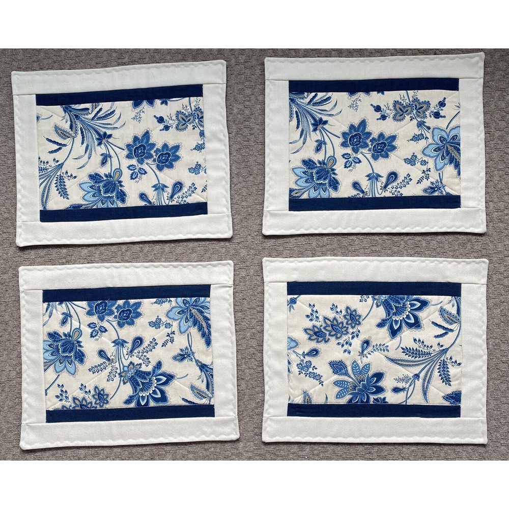 Set of 4 Placemats Table Linens Two Sided Beige Blue Floral Flowers